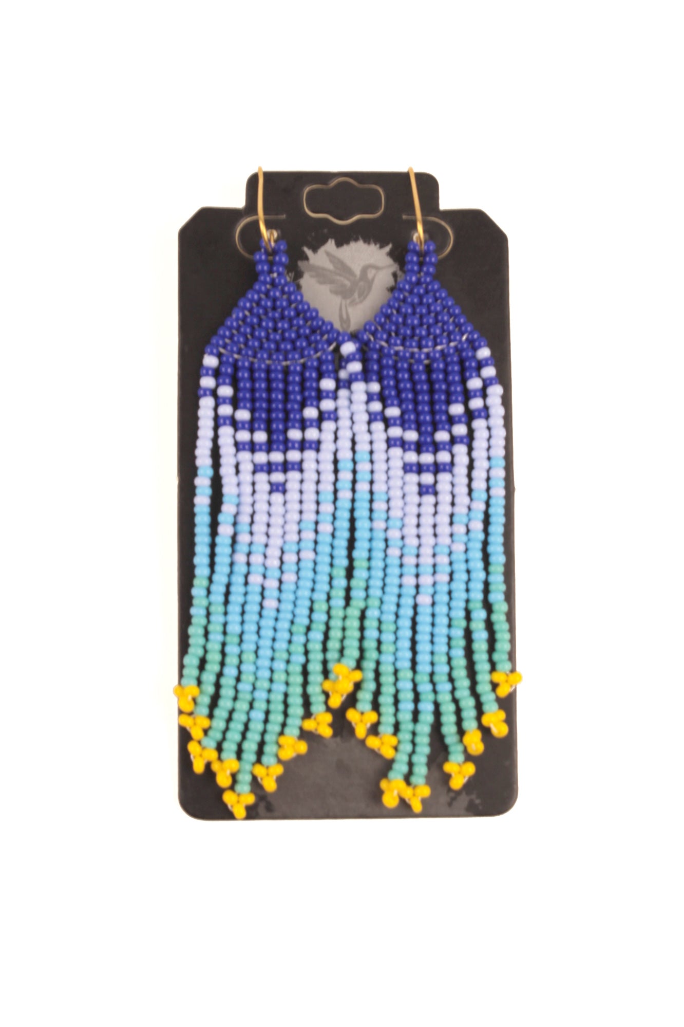 Boucles d’oreilles « Neuf fils », d’environ 8 cm x 2,3 cm, entièrement faites à la main en perles colorées (bleu, vert, jaune)