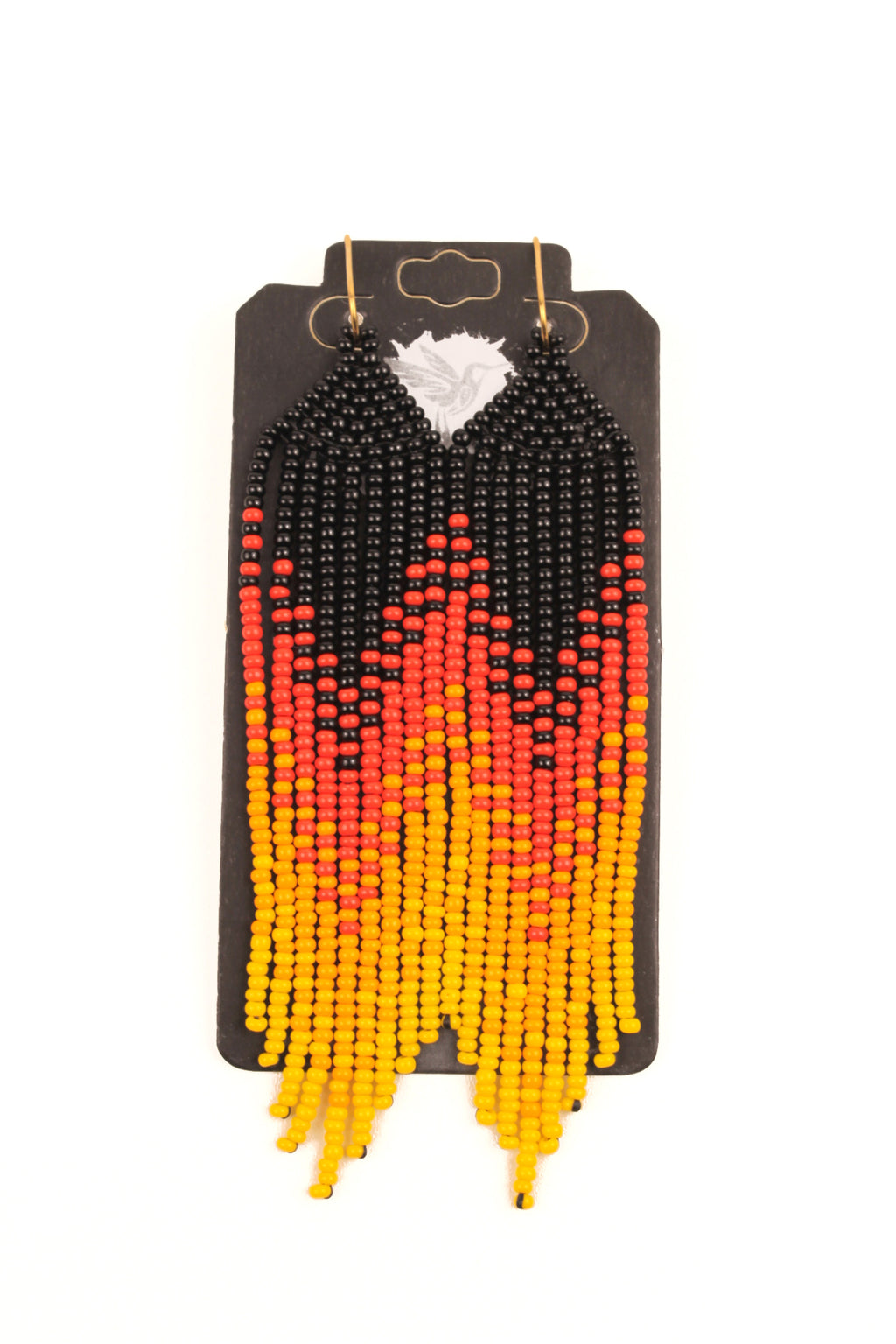 "Nine strands" earrings, approx. 10.5 cm x 2.5 cm, entirely handmade from colored beads (black, red, orange, and yellow)